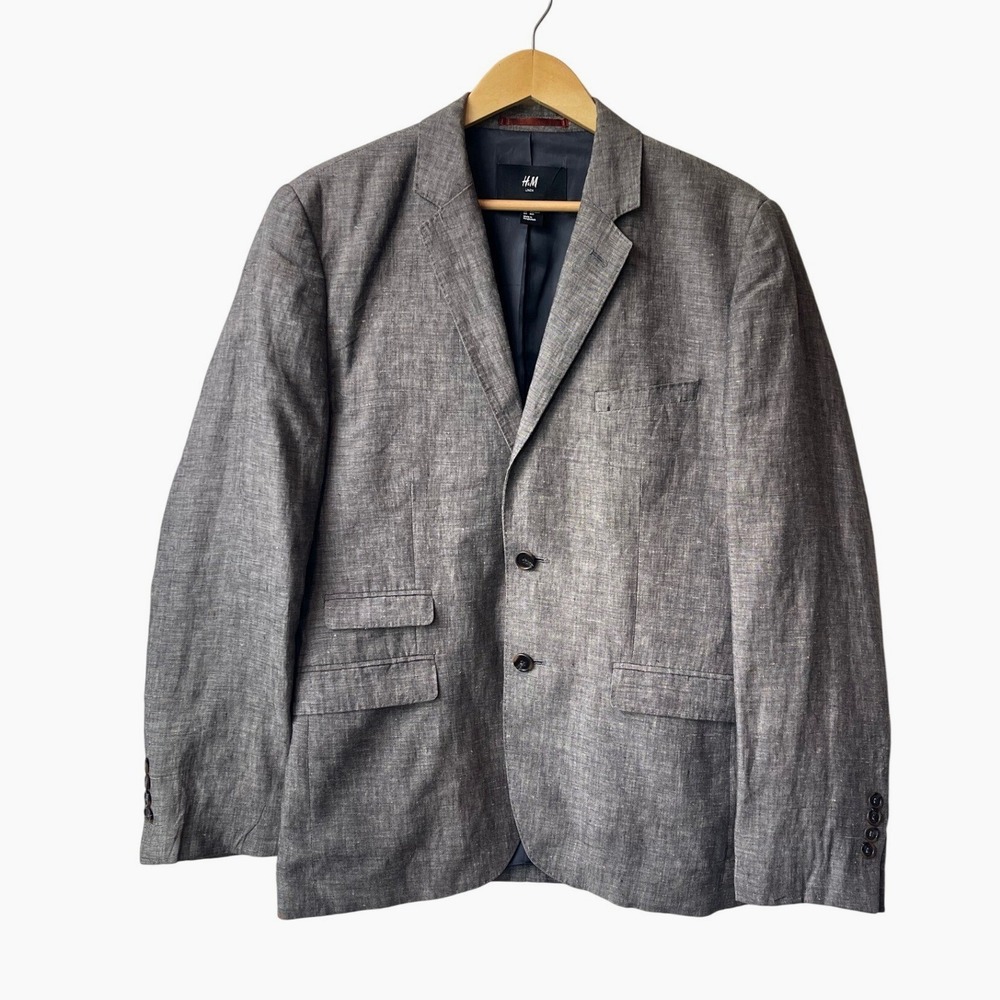 H&M Mens Linen Blazer Size 40R Gray Two‎ Button